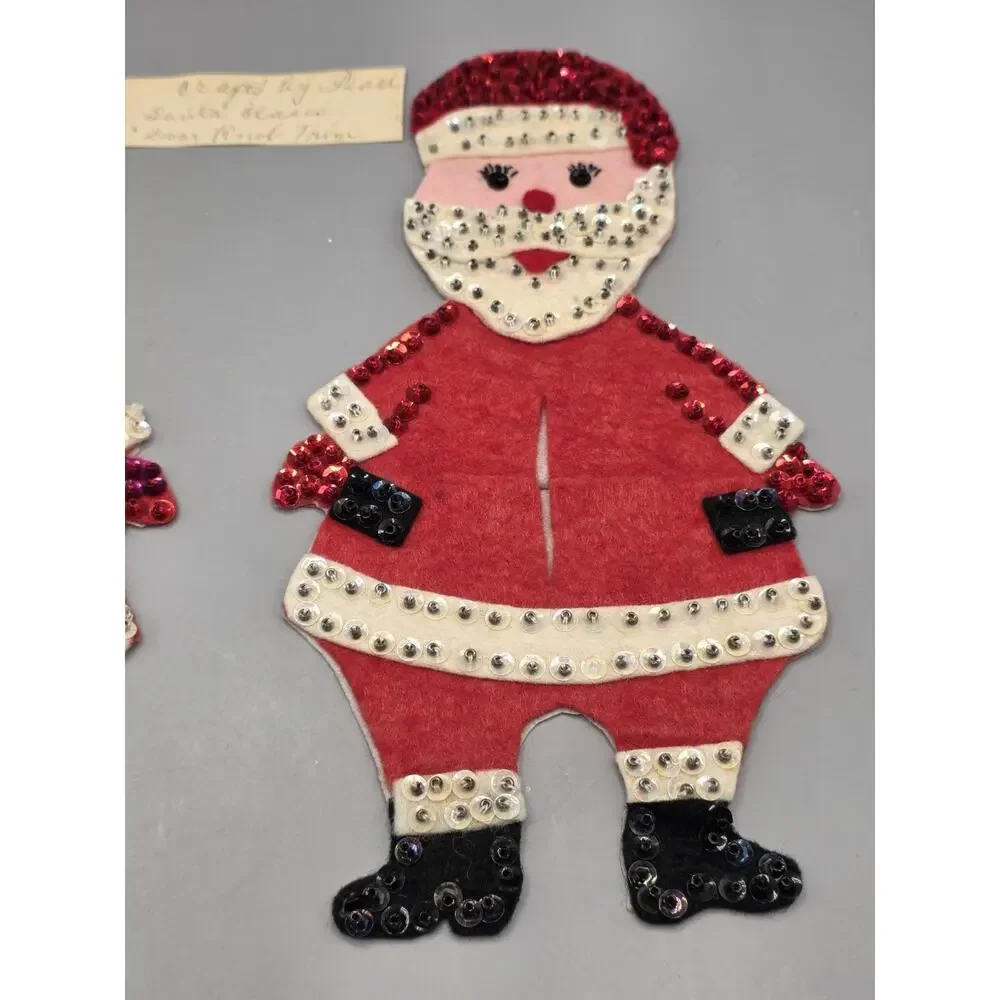 Vtg Mid Century Handmade Felt Sequin Santa Claus Door Knob Cover Hanger Pair